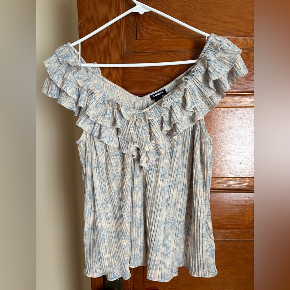 Express size small women’s top ruffles romantic cream with blue flowers shirt